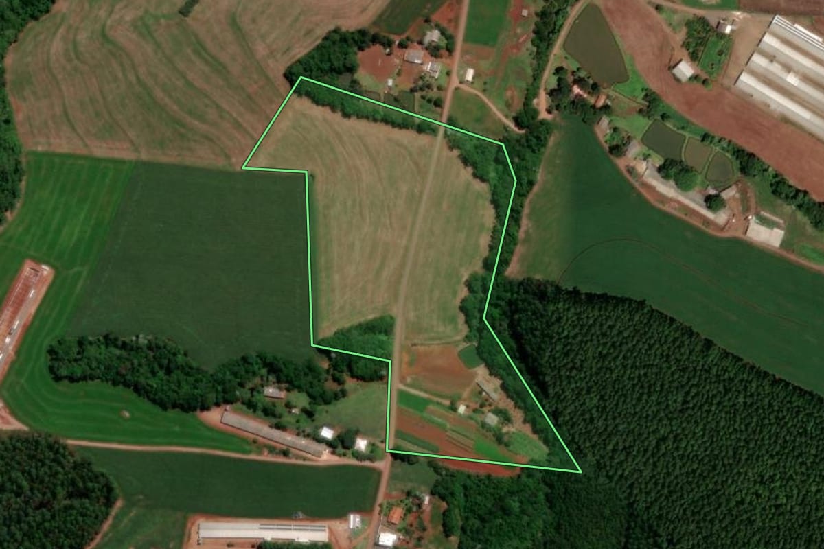 Imagem de satélite do imóvel rural em Dois Vizinhos (PR), com o contorno declarado no CAR desenhado por cima.