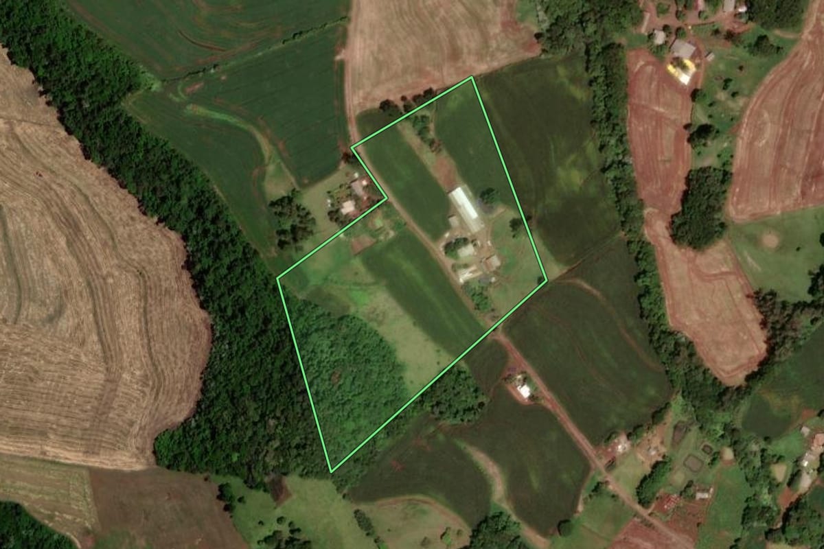 Imagem de satélite do imóvel rural em Dois Vizinhos (PR), com o contorno declarado no CAR desenhado por cima.