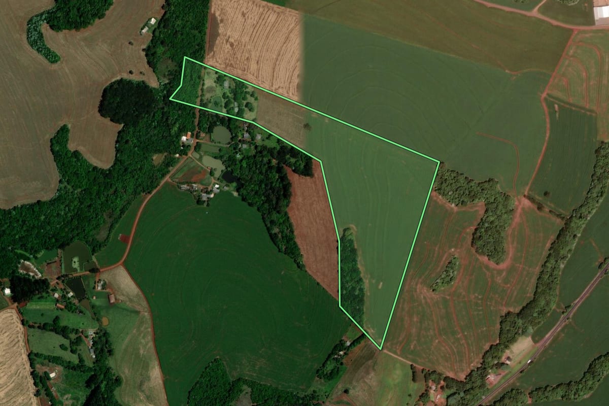 Imagem de satélite do imóvel rural em Dois Vizinhos (PR), com o contorno declarado no CAR desenhado por cima.