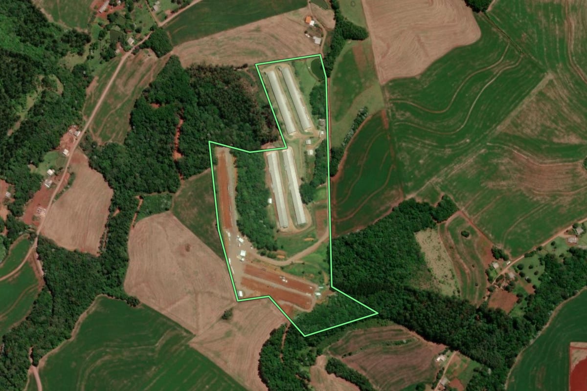 Imagem de satélite do imóvel rural em Dois Vizinhos (PR), com o contorno declarado no CAR desenhado por cima.