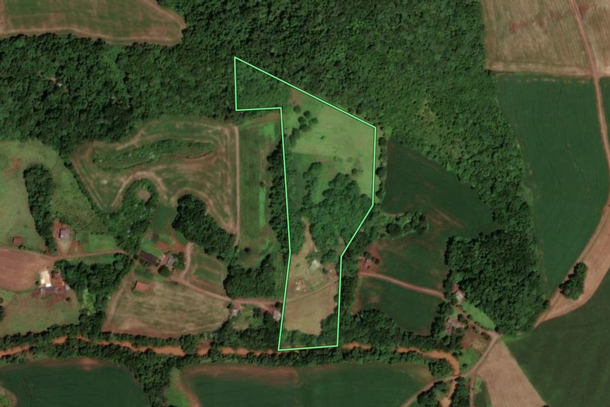 Imagem de satélite do imóvel rural em Dois Vizinhos (PR), com o contorno declarado no CAR desenhado por cima.