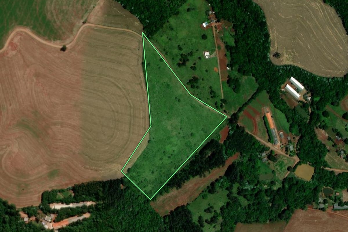 Imagem de satélite do imóvel rural em Dois Vizinhos (PR), com o contorno declarado no CAR desenhado por cima.