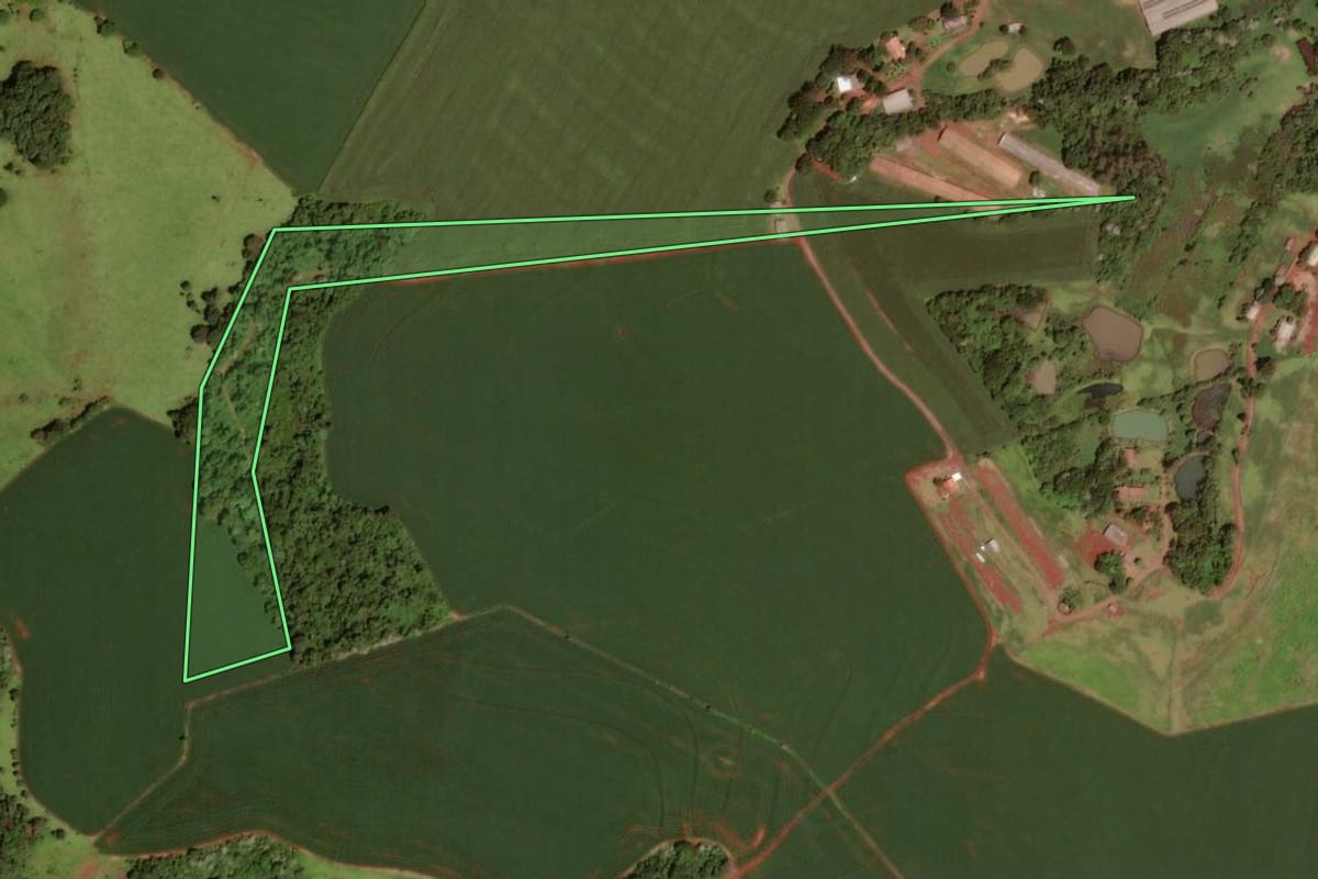 Imagem de satélite do imóvel rural em Dois Vizinhos (PR), com o contorno declarado no CAR desenhado por cima.