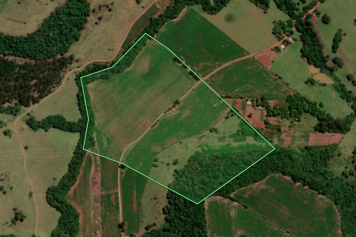 Imagem de satélite do imóvel rural em Dois Vizinhos (PR), com o contorno declarado no CAR desenhado por cima.