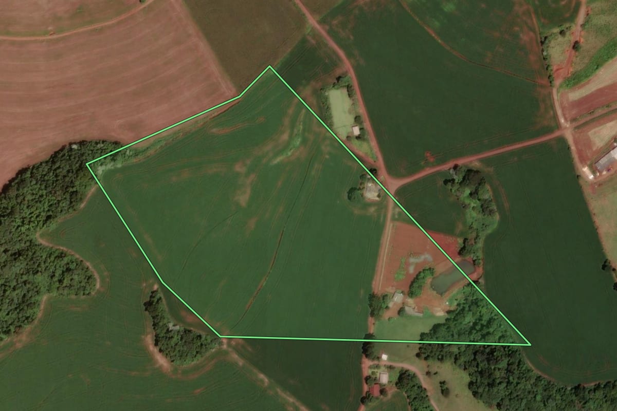Imagem de satélite do imóvel rural em Dois Vizinhos (PR), com o contorno declarado no CAR desenhado por cima.