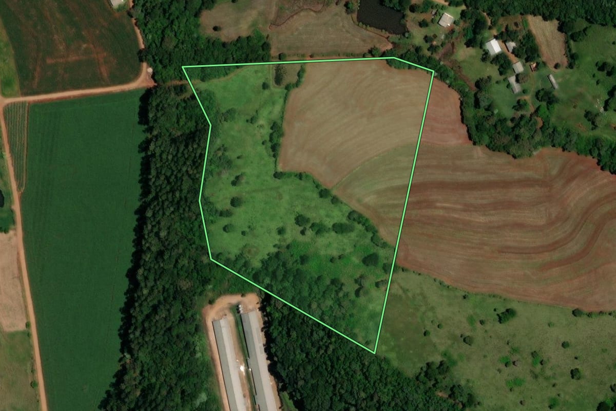Imagem de satélite do imóvel rural em Dois Vizinhos (PR), com o contorno declarado no CAR desenhado por cima.