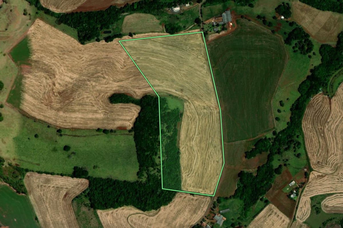 Imagem de satélite do imóvel rural em Dois Vizinhos (PR), com o contorno declarado no CAR desenhado por cima.