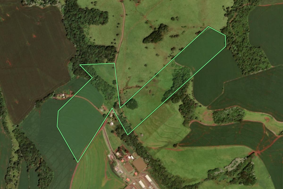 Imagem de satélite do imóvel rural em Dois Vizinhos (PR), com o contorno declarado no CAR desenhado por cima.