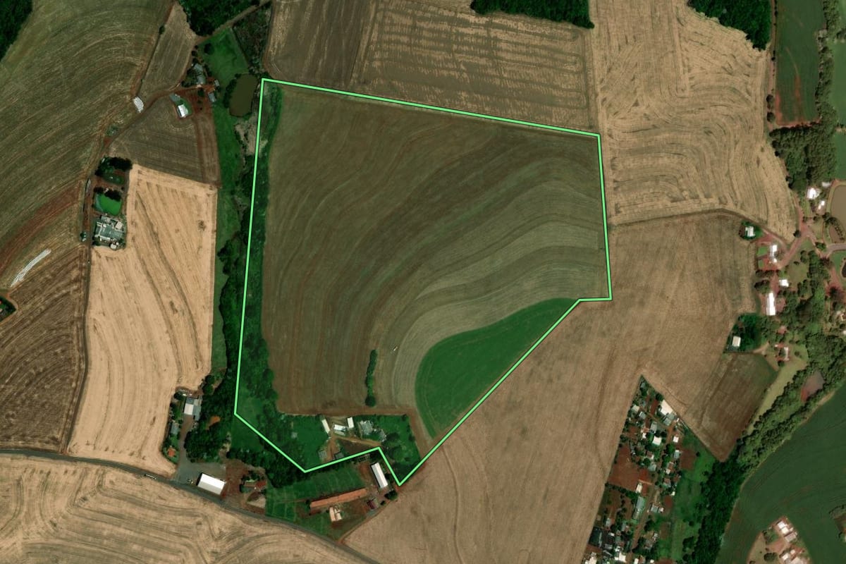 Imagem de satélite do imóvel rural em Dois Vizinhos (PR), com o contorno declarado no CAR desenhado por cima.