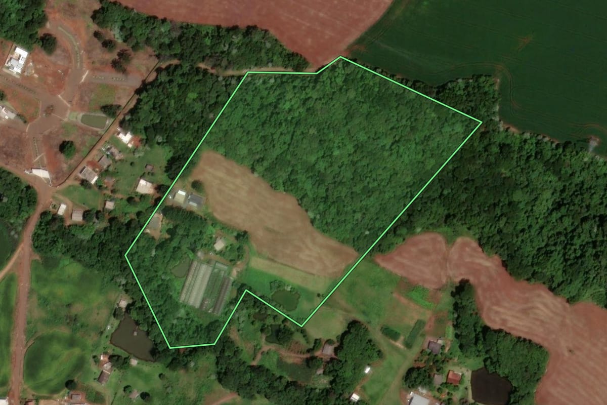 Imagem de satélite do imóvel rural em Dois Vizinhos (PR), com o contorno declarado no CAR desenhado por cima.