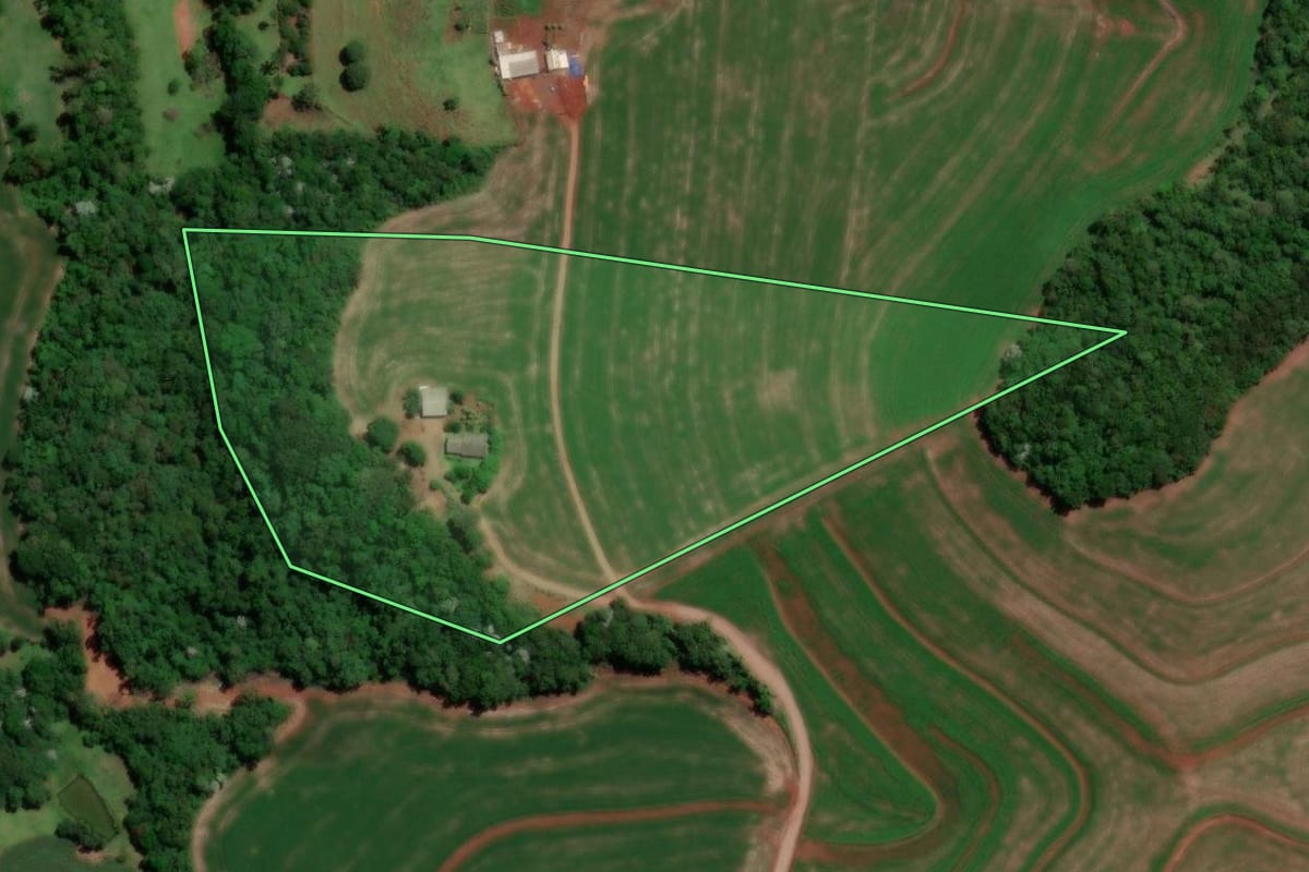 Imagem de satélite do imóvel rural em Dois Vizinhos (PR), com o contorno declarado no CAR desenhado por cima.