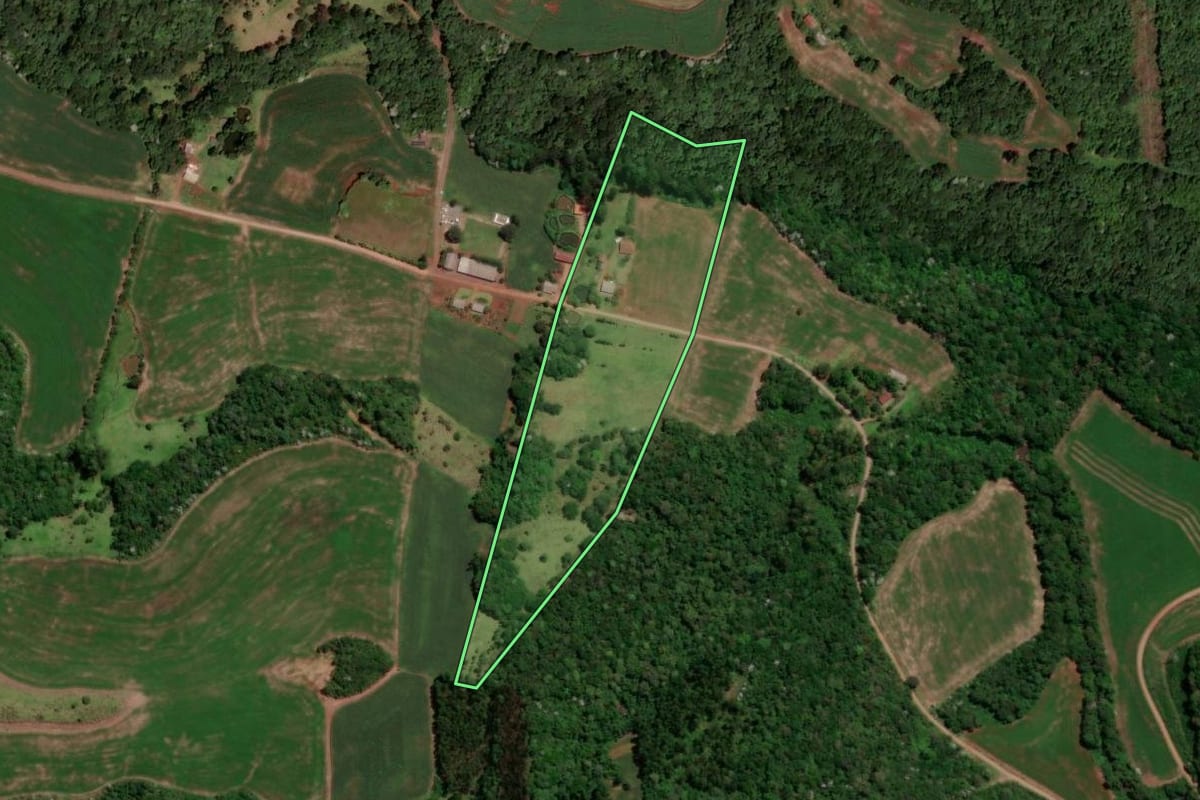 Imagem de satélite do imóvel rural em Dois Vizinhos (PR), com o contorno declarado no CAR desenhado por cima.