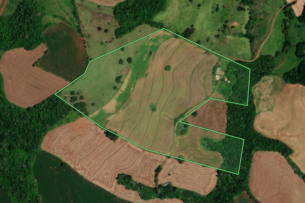 Imagem de satélite do imóvel rural em Dois Vizinhos (PR), com o contorno declarado no CAR desenhado por cima.