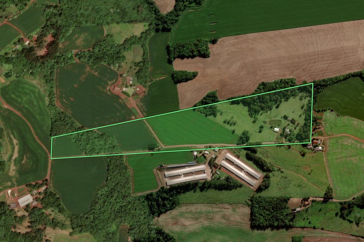 Imagem de satélite do imóvel rural em Dois Vizinhos (PR), com o contorno declarado no CAR desenhado por cima.