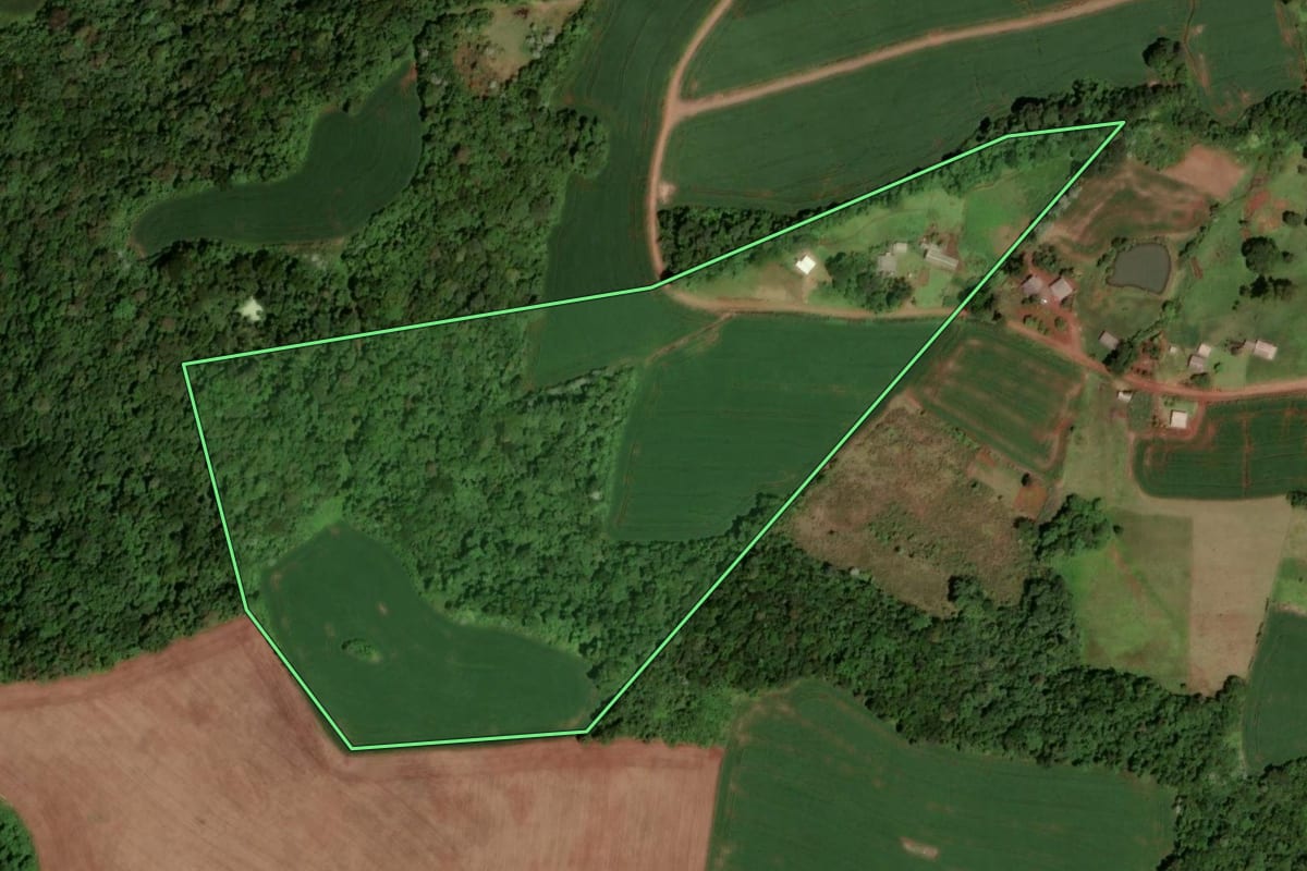 Imagem de satélite do imóvel rural em Dois Vizinhos (PR), com o contorno declarado no CAR desenhado por cima.
