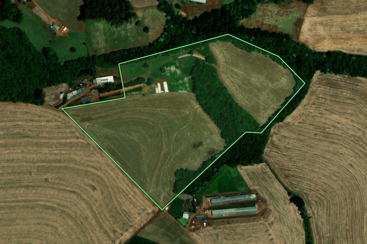 Imagem de satélite do imóvel rural em Dois Vizinhos (PR), com o contorno declarado no CAR desenhado por cima.