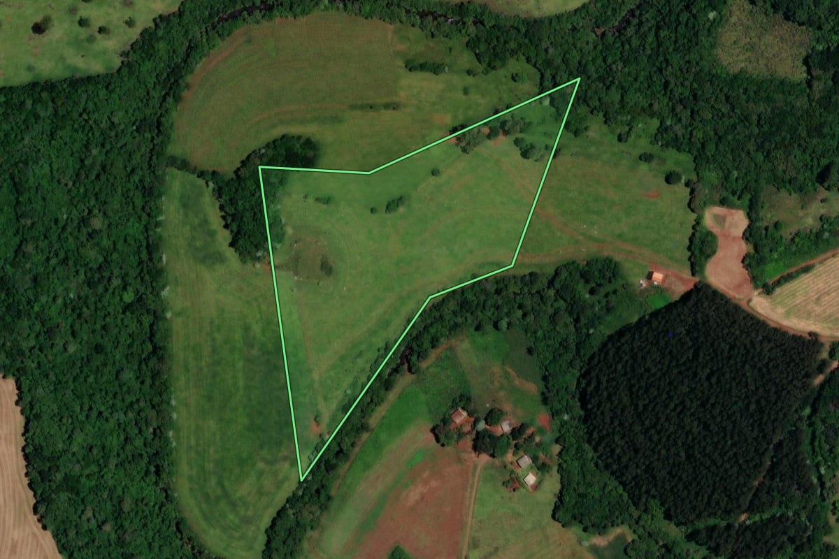 Imagem de satélite do imóvel rural em Dois Vizinhos (PR), com o contorno declarado no CAR desenhado por cima.