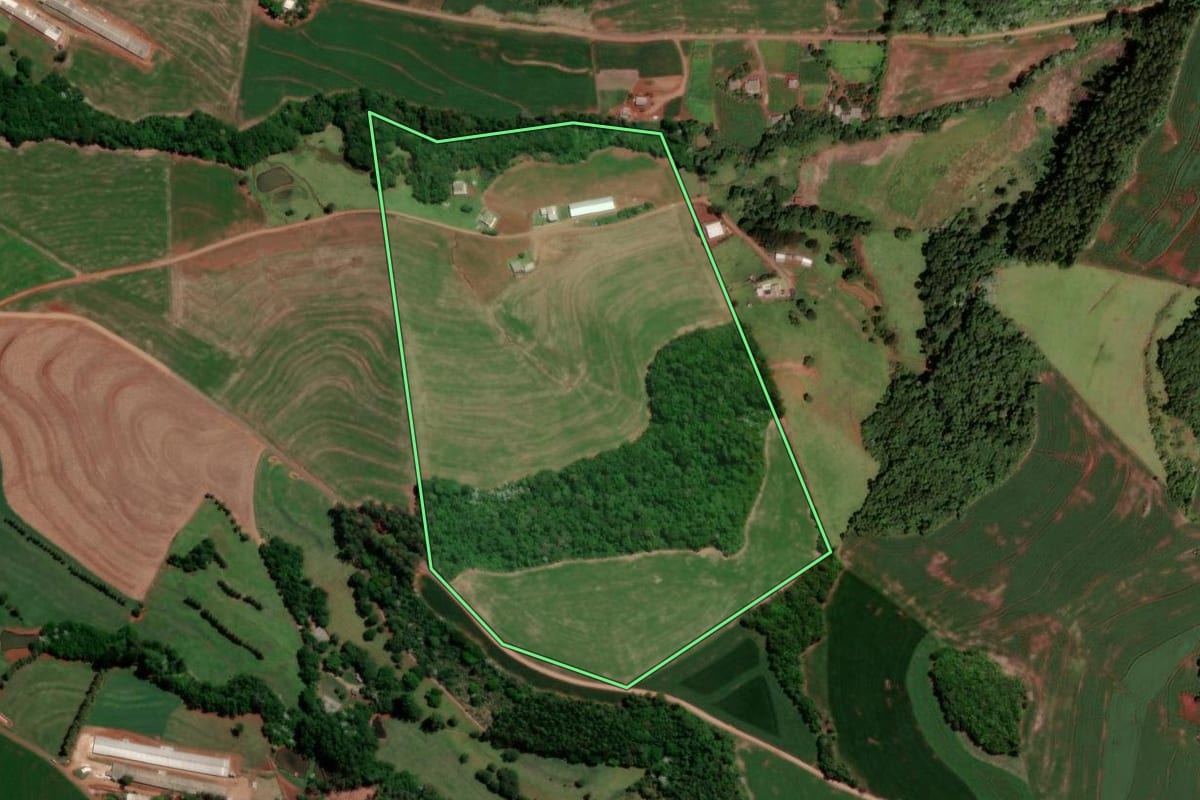 Imagem de satélite do imóvel rural em Dois Vizinhos (PR), com o contorno declarado no CAR desenhado por cima.