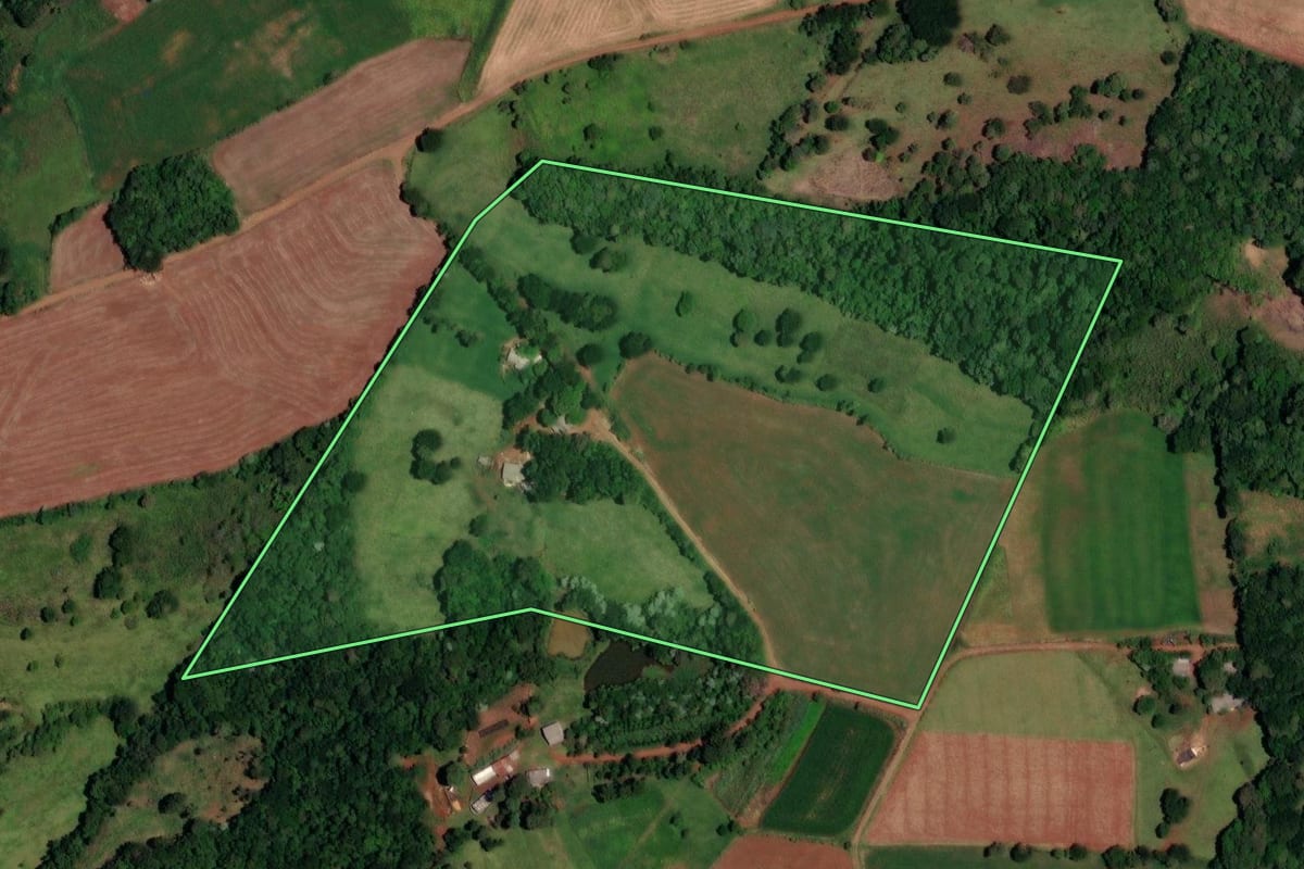 Imagem de satélite do imóvel rural em Dois Vizinhos (PR), com o contorno declarado no CAR desenhado por cima.
