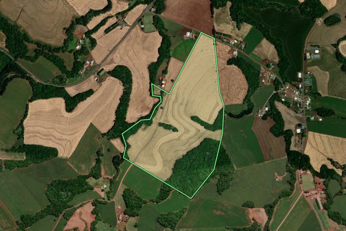 Imagem de satélite do imóvel rural em Dois Vizinhos (PR), com o contorno declarado no CAR desenhado por cima.