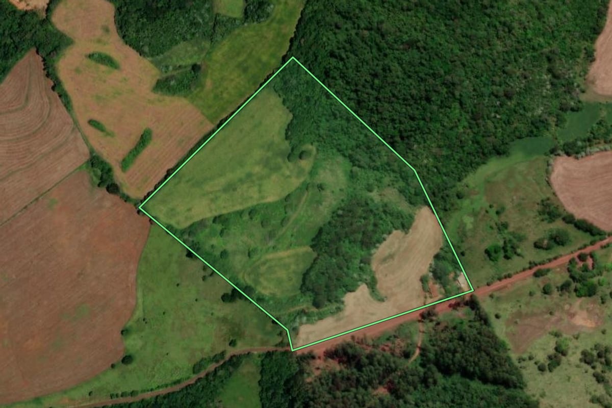 Imagem de satélite do imóvel rural em Dois Vizinhos (PR), com o contorno declarado no CAR desenhado por cima.