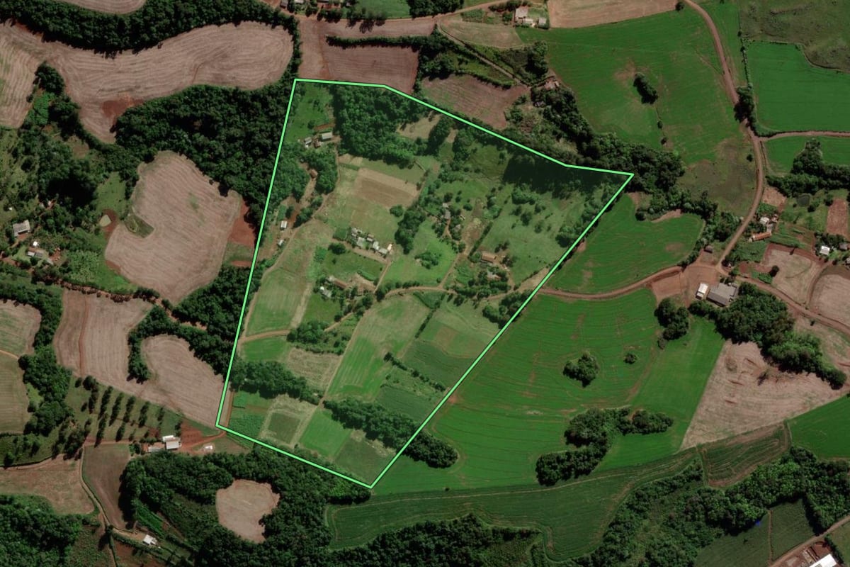 Imagem de satélite do imóvel rural em Dois Vizinhos (PR), com o contorno declarado no CAR desenhado por cima.
