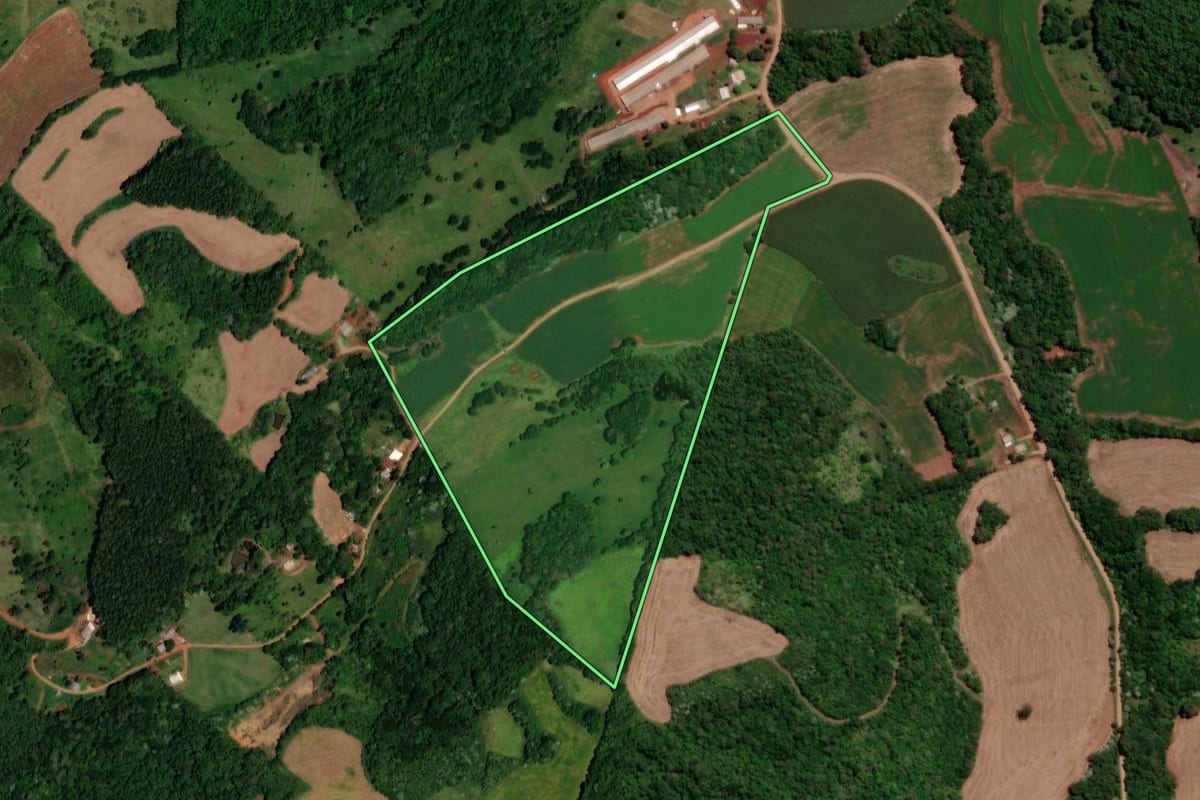 Imagem de satélite do imóvel rural em Dois Vizinhos (PR), com o contorno declarado no CAR desenhado por cima.