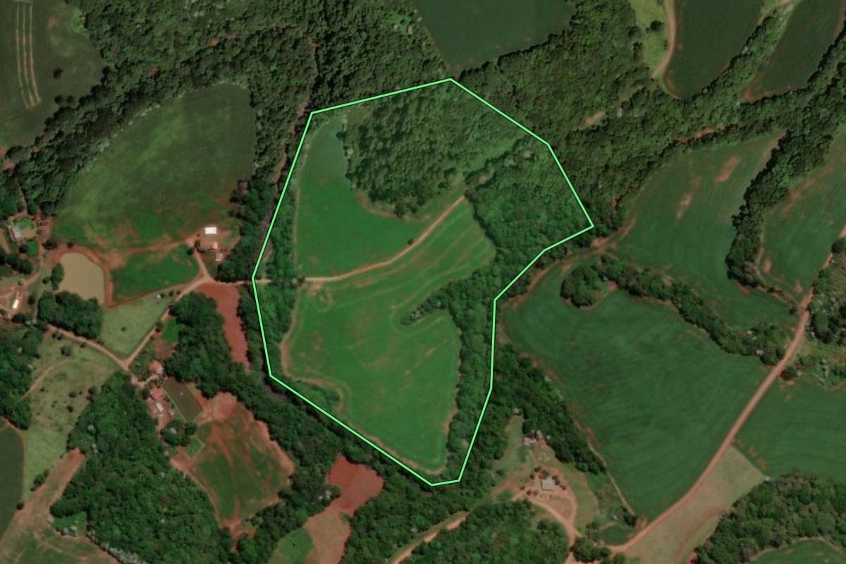 Imagem de satélite do imóvel rural em Dois Vizinhos (PR), com o contorno declarado no CAR desenhado por cima.