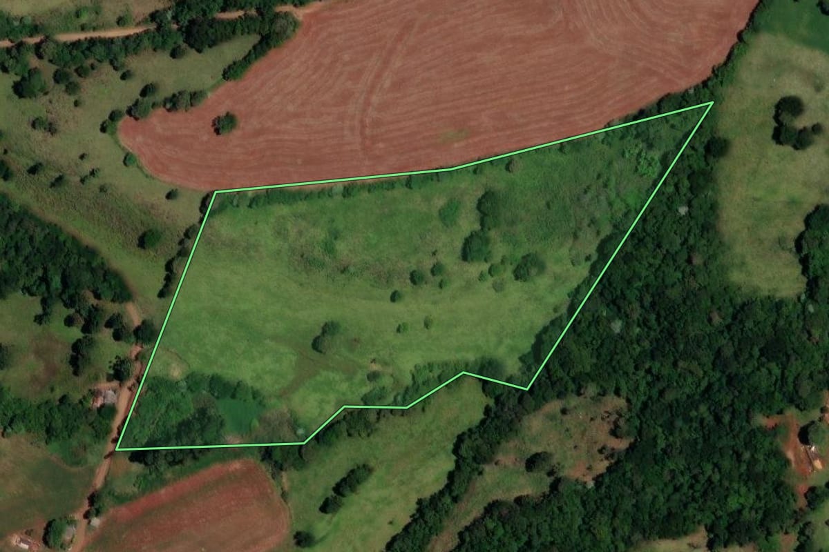 Imagem de satélite do imóvel rural em Dois Vizinhos (PR), com o contorno declarado no CAR desenhado por cima.
