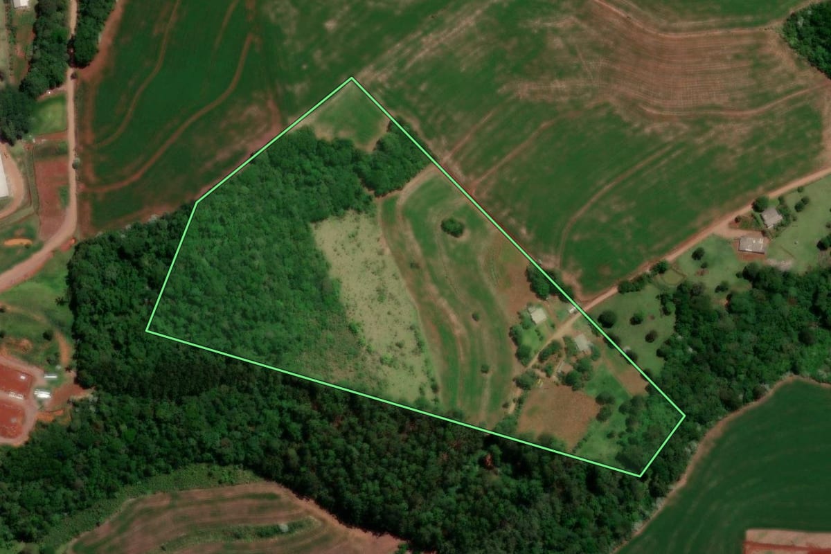 Imagem de satélite do imóvel rural em Dois Vizinhos (PR), com o contorno declarado no CAR desenhado por cima.