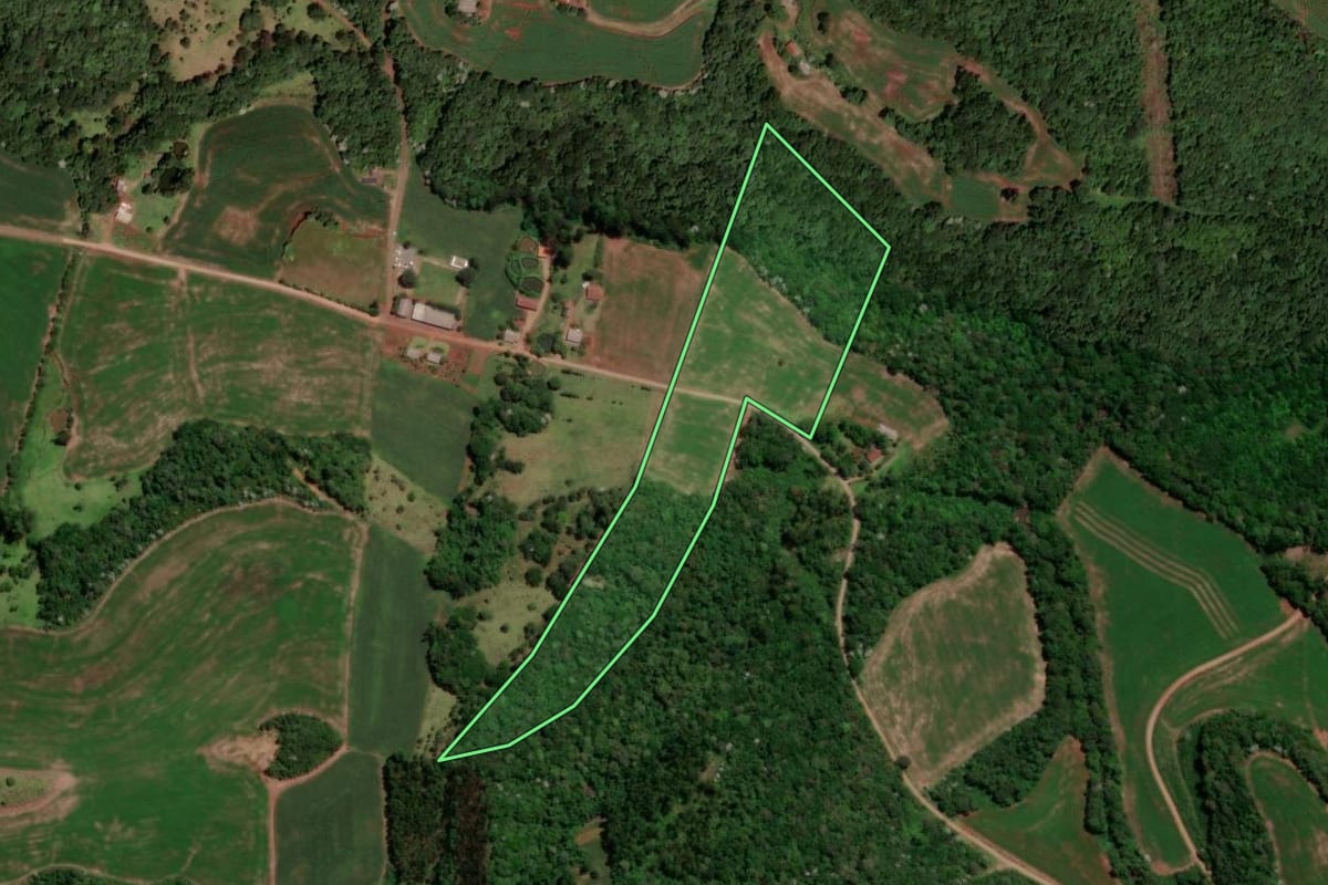 Imagem de satélite do imóvel rural em Dois Vizinhos (PR), com o contorno declarado no CAR desenhado por cima.