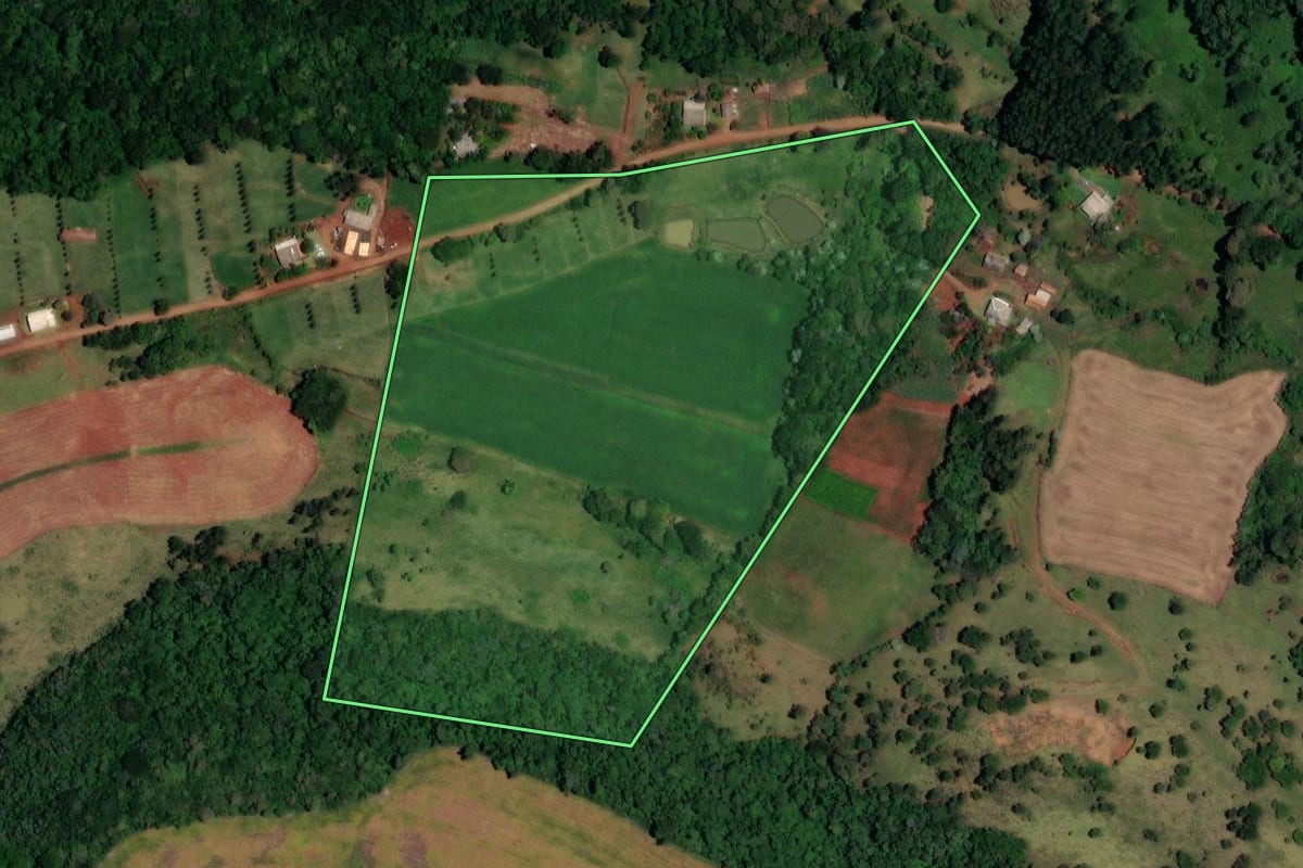 Imagem de satélite do imóvel rural em Dois Vizinhos (PR), com o contorno declarado no CAR desenhado por cima.