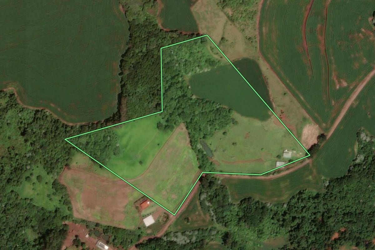 Imagem de satélite do imóvel rural em Dois Vizinhos (PR), com o contorno declarado no CAR desenhado por cima.