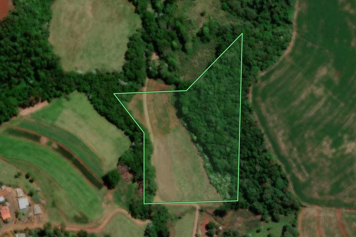 Imagem de satélite do imóvel rural em Dois Vizinhos (PR), com o contorno declarado no CAR desenhado por cima.