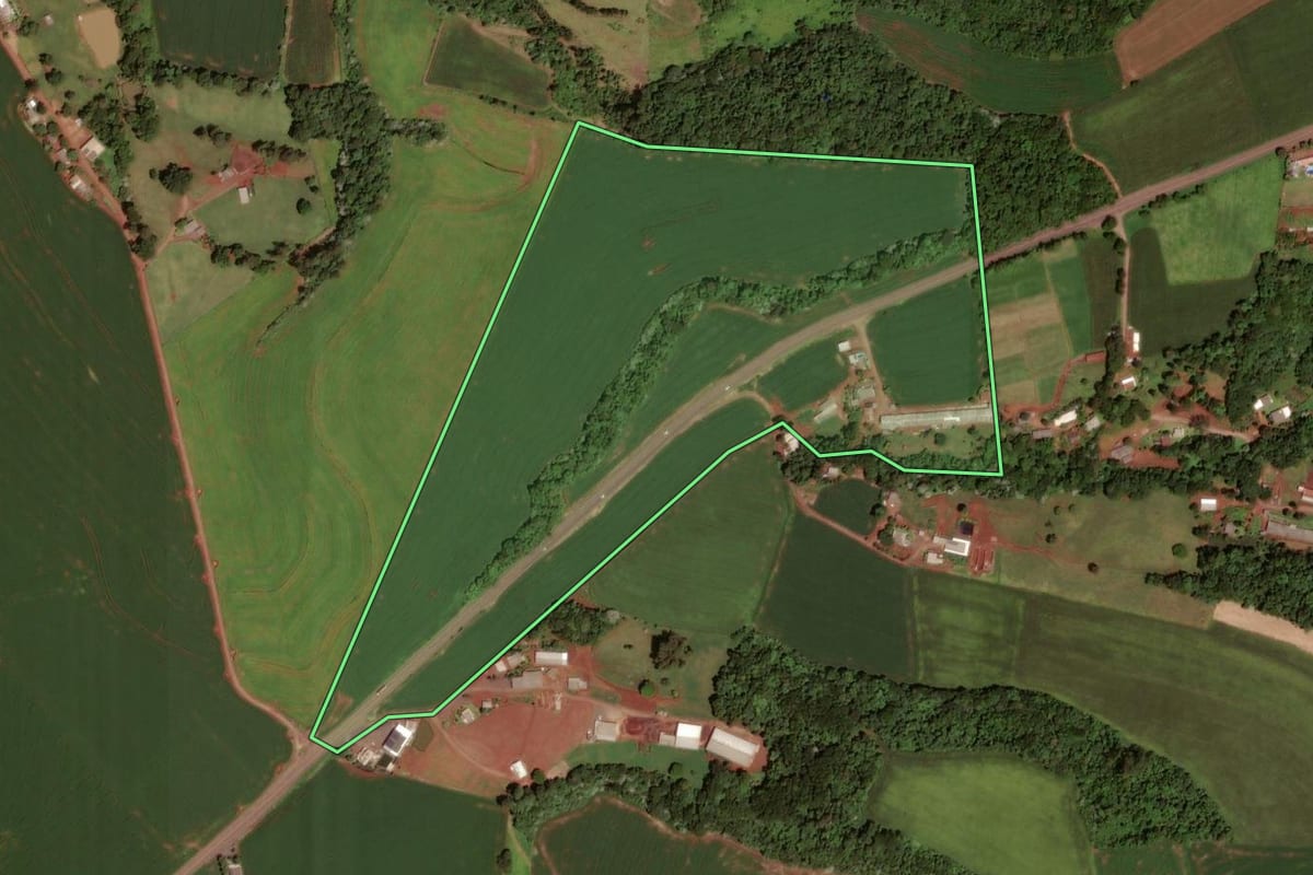 Imagem de satélite do imóvel rural em Dois Vizinhos (PR), com o contorno declarado no CAR desenhado por cima.