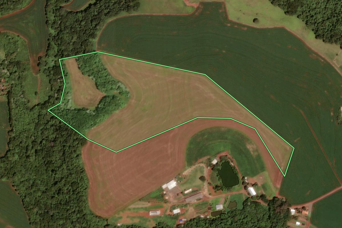 Imagem de satélite do imóvel rural em Dois Vizinhos (PR), com o contorno declarado no CAR desenhado por cima.