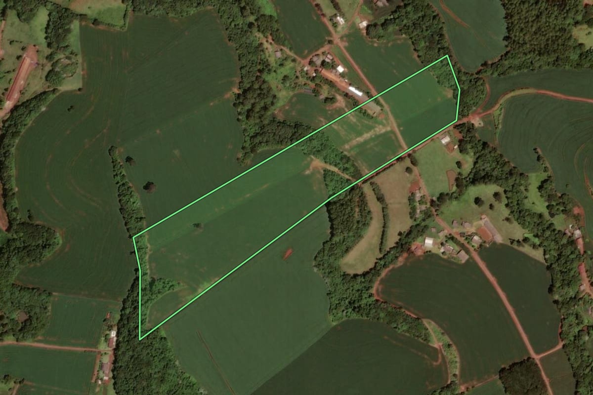 Imagem de satélite do imóvel rural em Dois Vizinhos (PR), com o contorno declarado no CAR desenhado por cima.