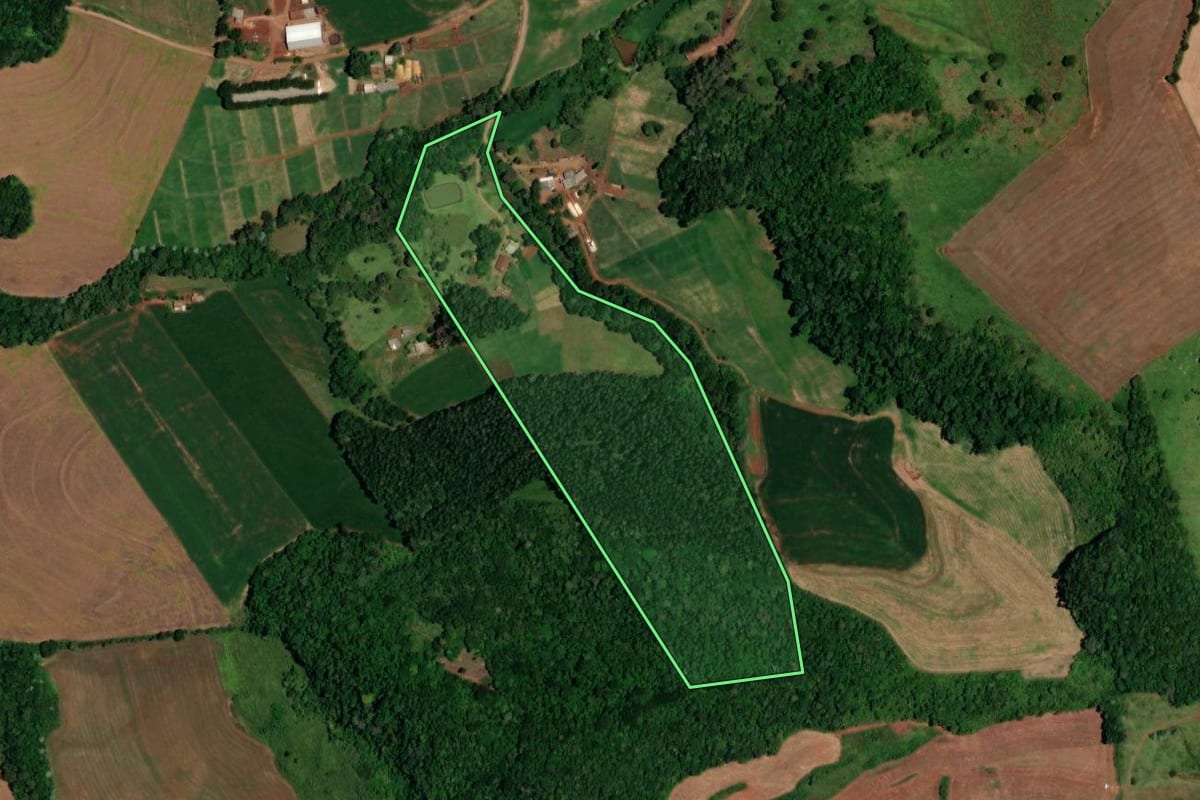 Imagem de satélite do imóvel rural em Dois Vizinhos (PR), com o contorno declarado no CAR desenhado por cima.