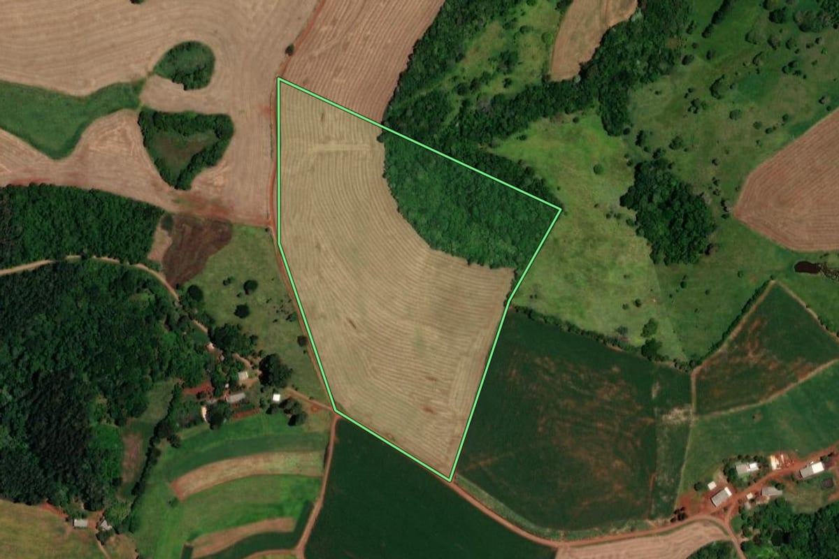Imagem de satélite do imóvel rural em Dois Vizinhos (PR), com o contorno declarado no CAR desenhado por cima.