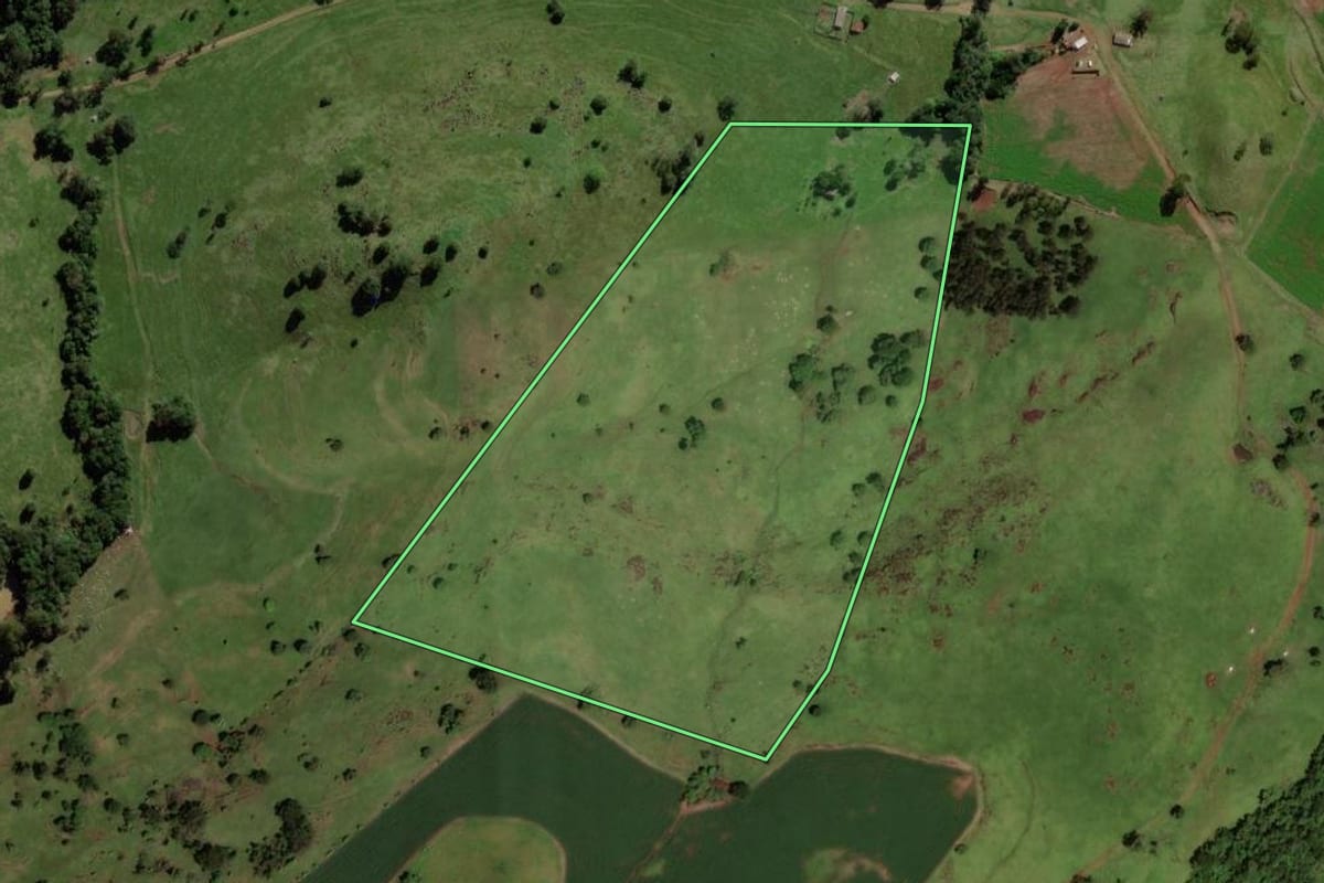 Imagem de satélite do imóvel rural em Dois Vizinhos (PR), com o contorno declarado no CAR desenhado por cima.