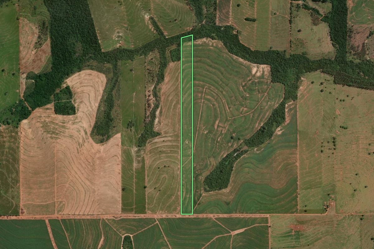 Imagem de satélite do imóvel rural em Douradina (PR), com o contorno declarado no CAR desenhado por cima.
