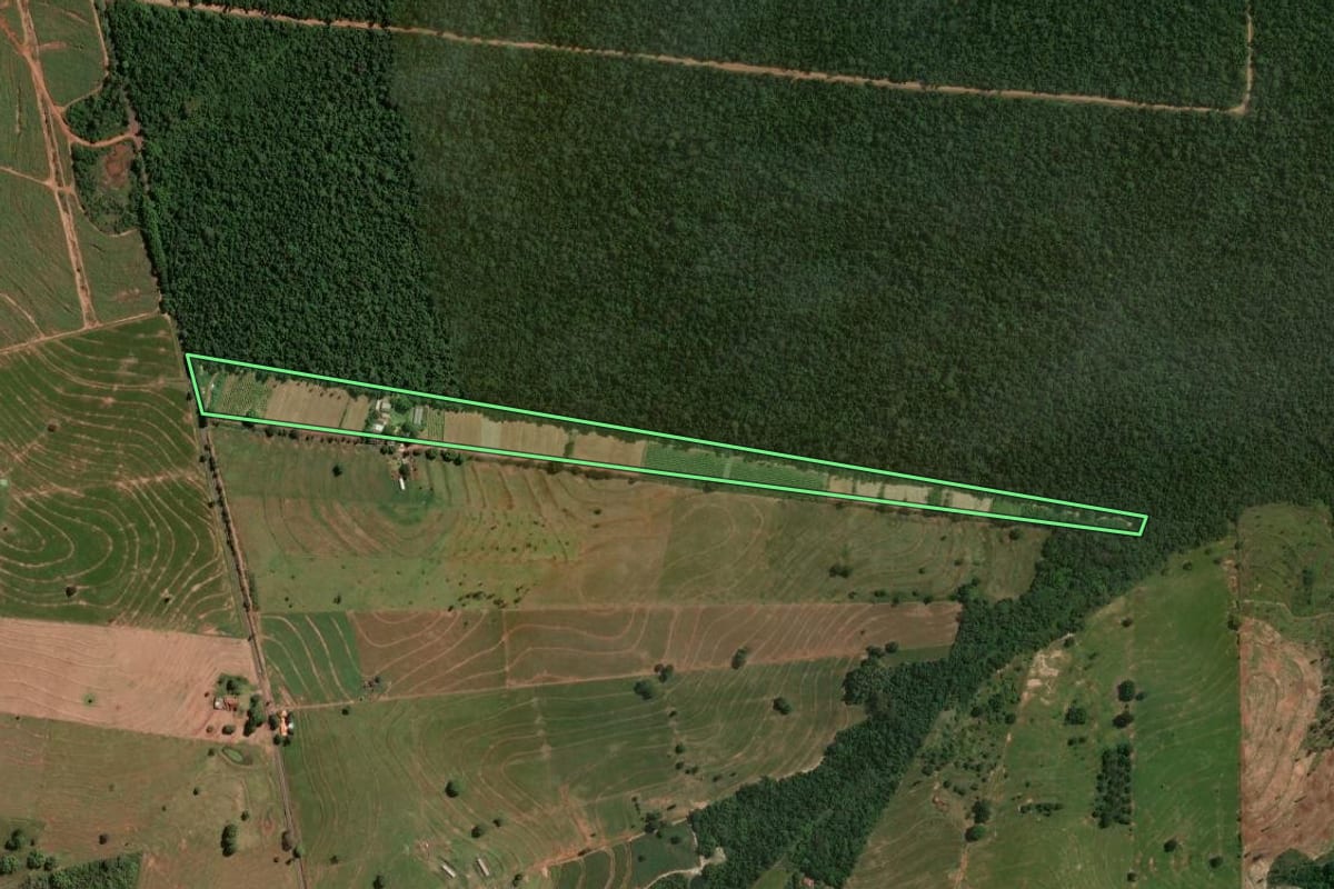 Imagem de satélite do imóvel rural em Douradina (PR), com o contorno declarado no CAR desenhado por cima.