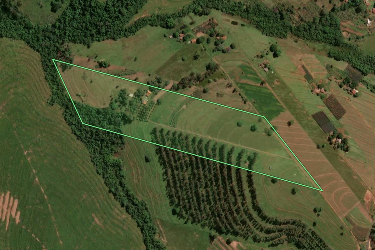 Imagem de satélite do imóvel rural em Douradina (PR), com o contorno declarado no CAR desenhado por cima.