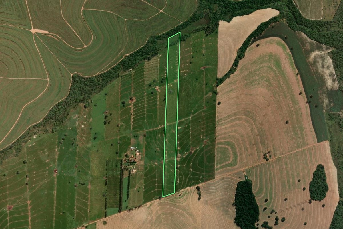 Imagem de satélite do imóvel rural em Douradina (PR), com o contorno declarado no CAR desenhado por cima.