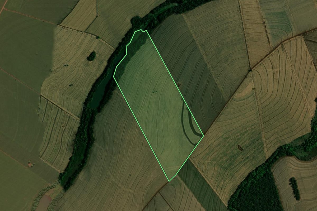 Imagem de satélite do imóvel rural em Doutor Camargo (PR), com o contorno declarado no CAR desenhado por cima.
