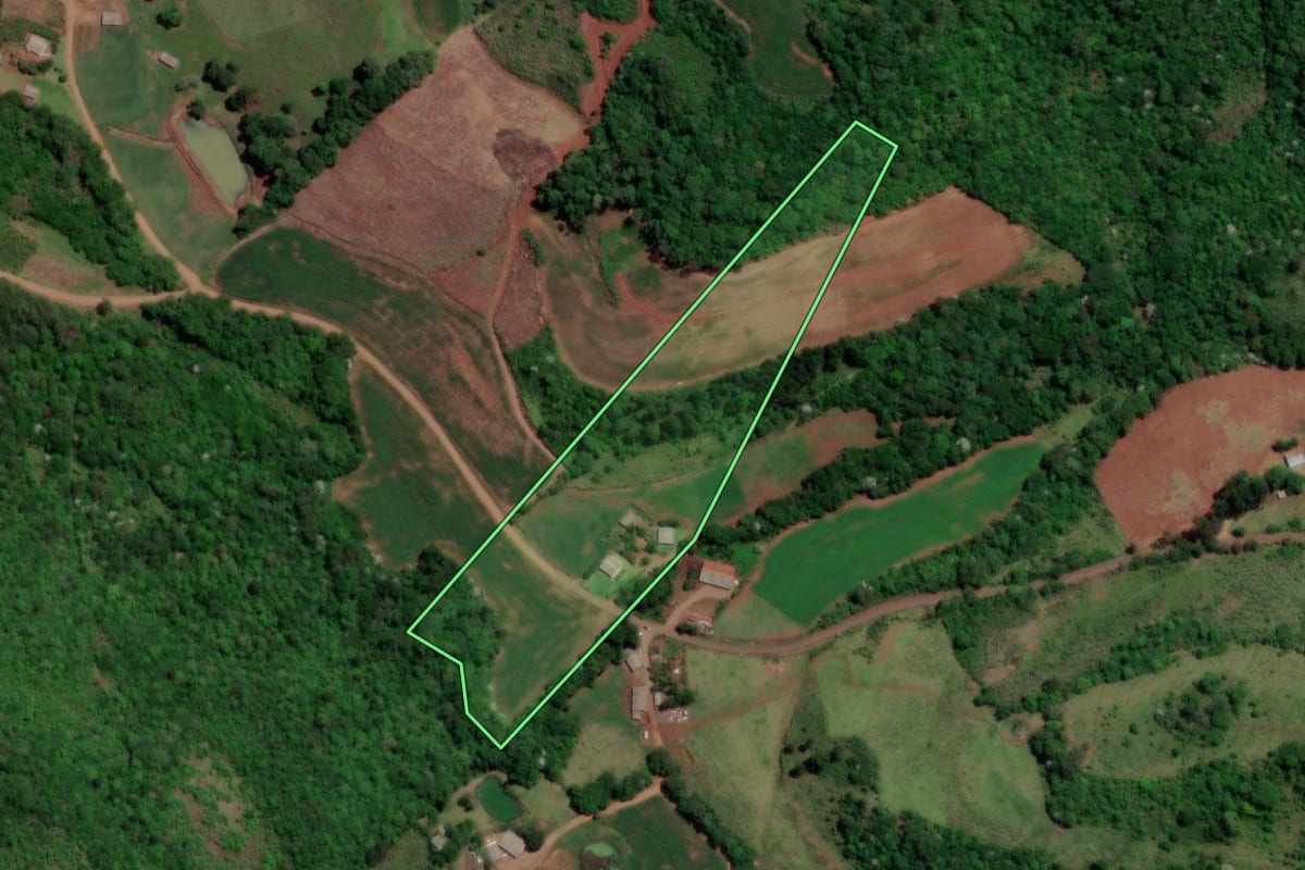 Imagem de satélite do imóvel rural em Enéas Marques (PR), com o contorno declarado no CAR desenhado por cima.