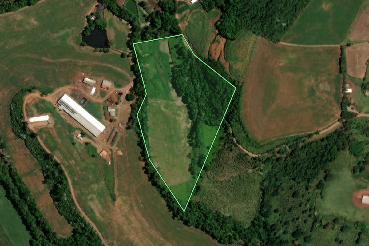 Imagem de satélite do imóvel rural em Enéas Marques (PR), com o contorno declarado no CAR desenhado por cima.