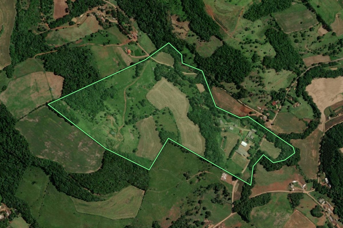 Imagem de satélite do imóvel rural em Enéas Marques (PR), com o contorno declarado no CAR desenhado por cima.