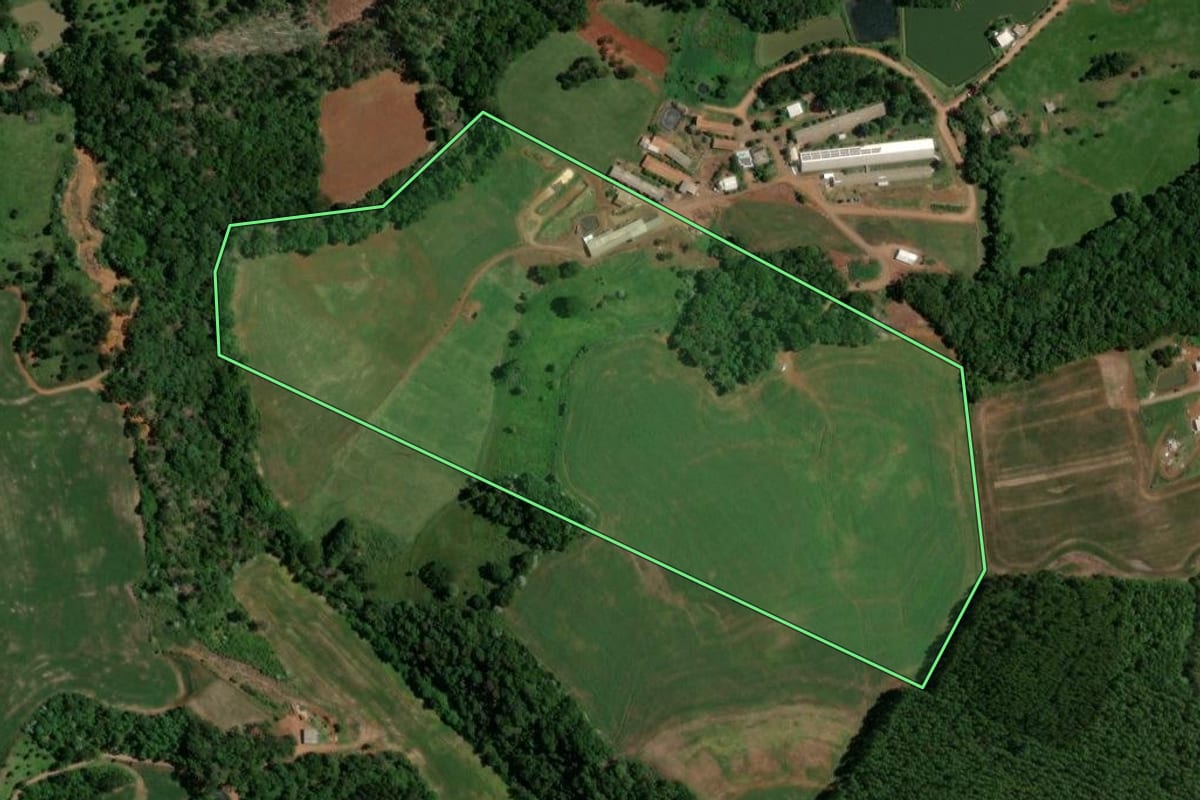 Imagem de satélite do imóvel rural em Enéas Marques (PR), com o contorno declarado no CAR desenhado por cima.