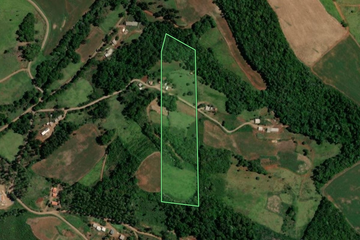 Imagem de satélite do imóvel rural em Enéas Marques (PR), com o contorno declarado no CAR desenhado por cima.